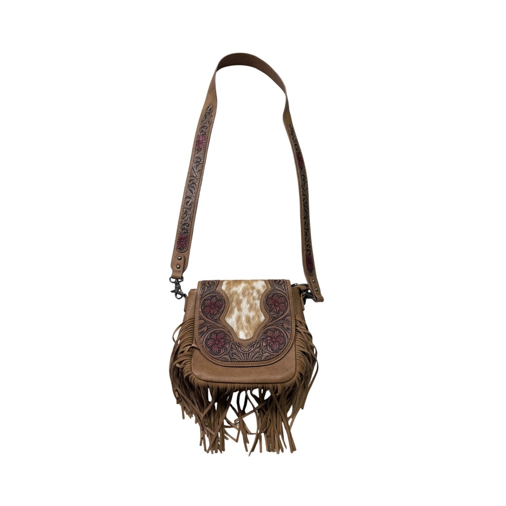 Trinity Ranch Cowhide Tooled Leather Fringe Western Crossbody Bag